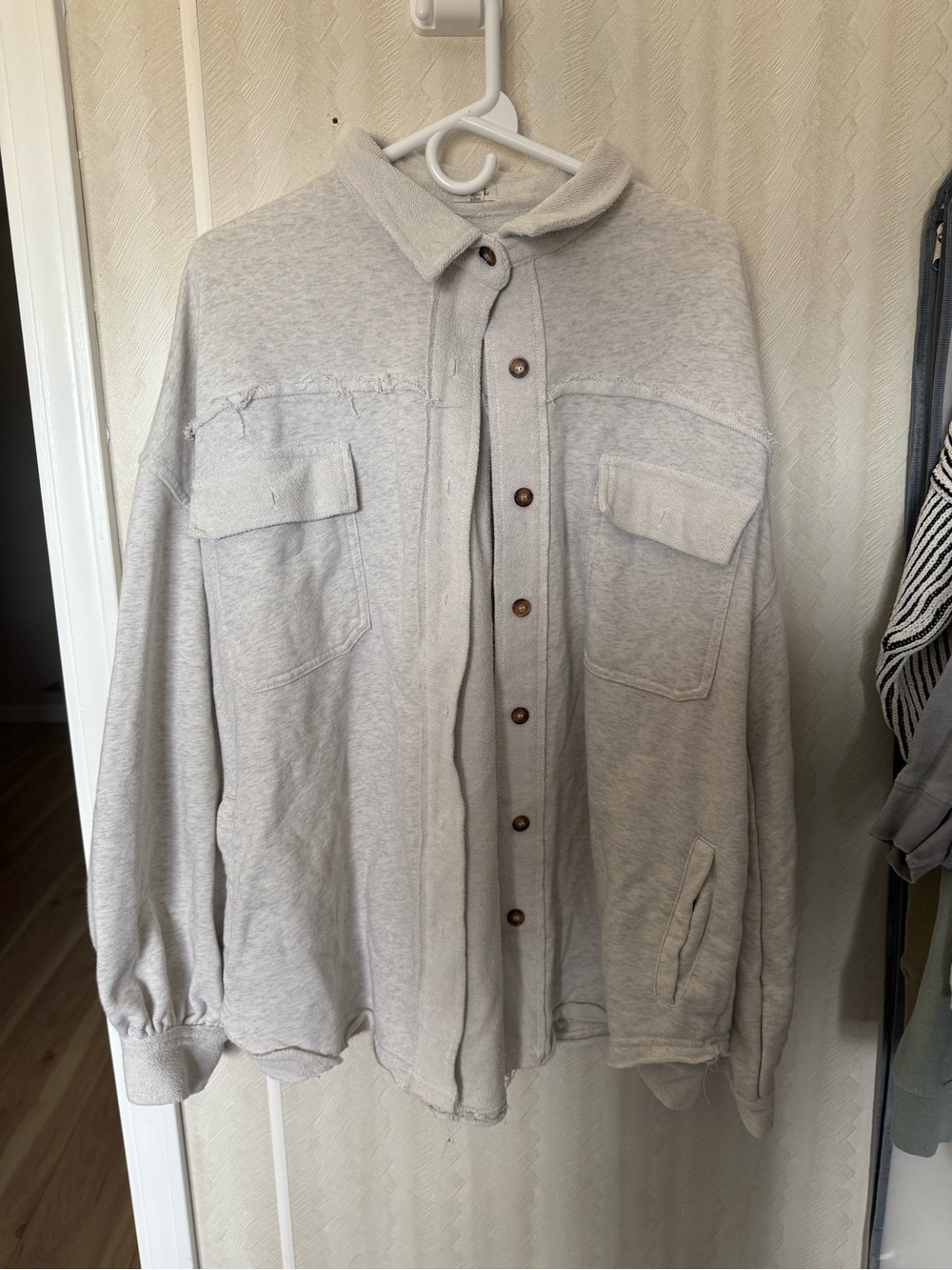 POL Light Gray Button-Up Shacket with Chest Pockets